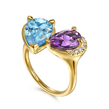 14K Yellow Gold Toi et Moi Diamond Blue Topaz and Amethyst Ladies Ring