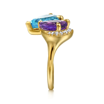 14K Yellow Gold Toi et Moi Diamond Blue Topaz and Amethyst Ladies Ring