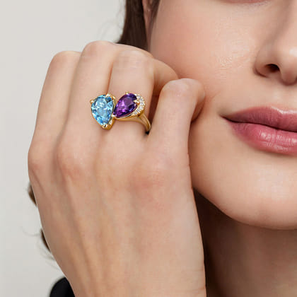 14K Yellow Gold Toi et Moi Diamond Blue Topaz and Amethyst Ladies Ring