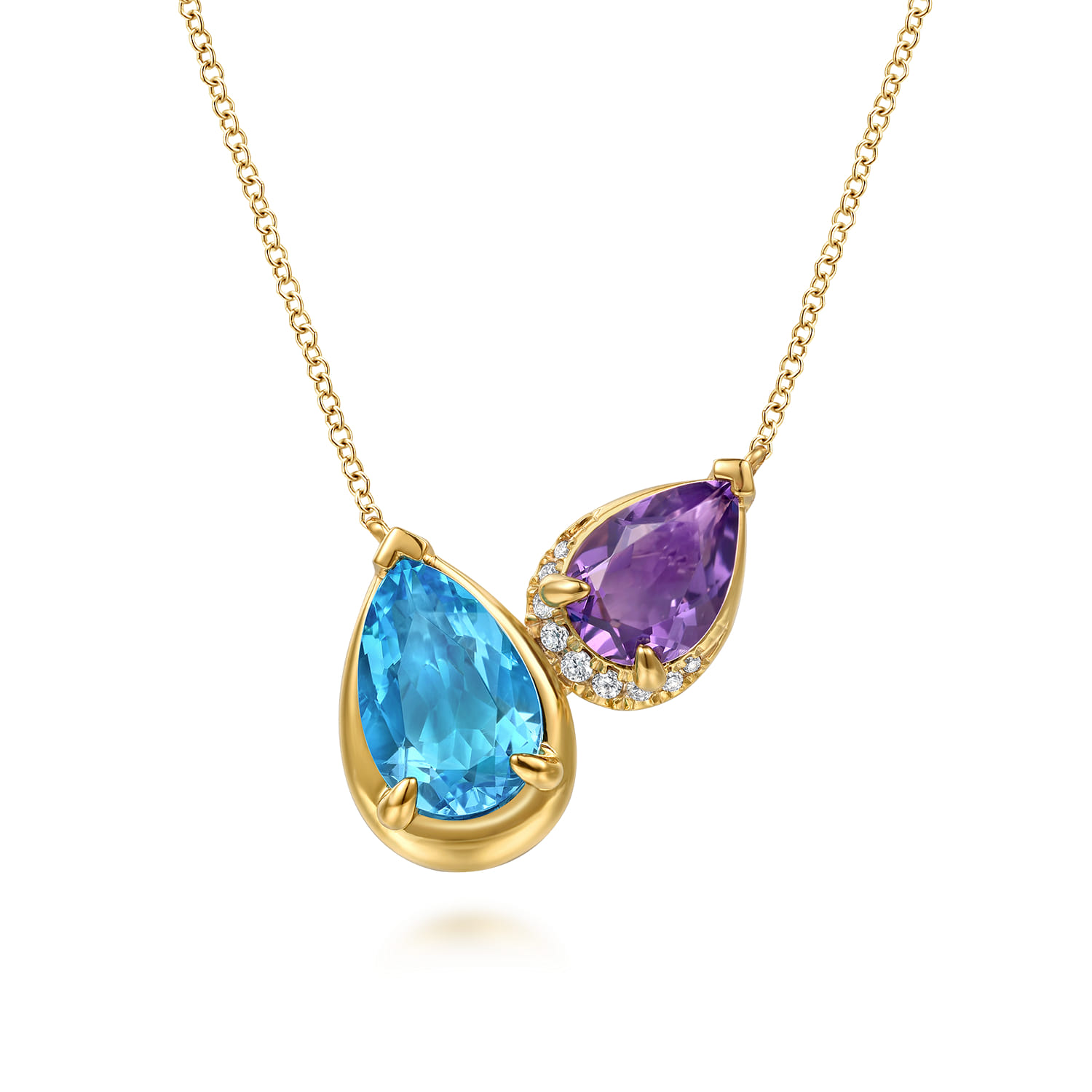 14K Yellow Gold Toi et Moi Diamond Blue Topaz and Amethyst Pendant Necklace - 0.08 ct - Shot 1
