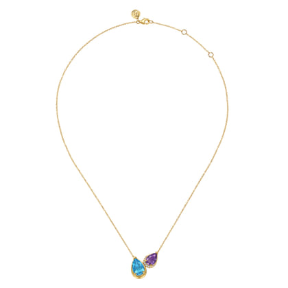 14K Yellow Gold Toi et Moi Diamond Blue Topaz and Amethyst Pendant Necklace