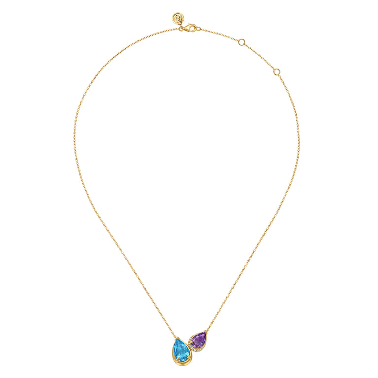 14K Yellow Gold Toi et Moi Diamond Blue Topaz and Amethyst Pendant Necklace - 0.08 ct - Shot 2