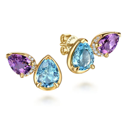 14K Yellow Gold Toi et Moi Diamond Blue Topaz and Amethyst Stud Earrings