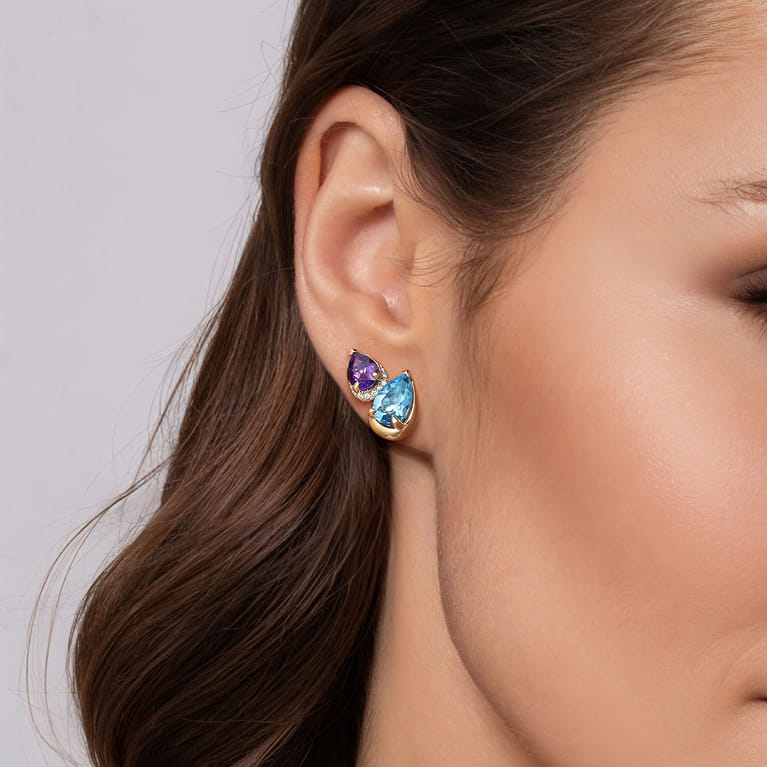 14K Yellow Gold Toi et Moi Diamond Blue Topaz and Amethyst Stud Earrings - 0.1 ct - Shot 2