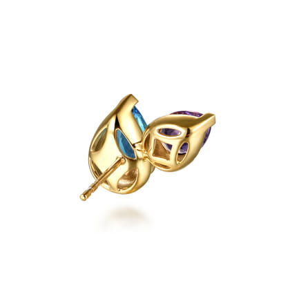14K Yellow Gold Toi et Moi Diamond Blue Topaz and Amethyst Stud Earrings