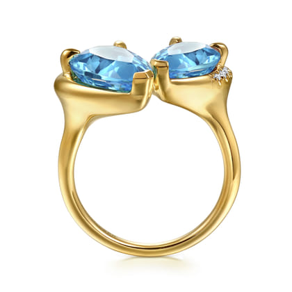 14K Yellow Gold Toi et Moi Diamond and Blue Topaz Ladies Ring