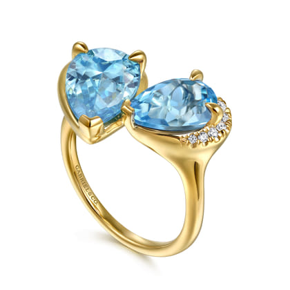 14K Yellow Gold Toi et Moi Diamond and Blue Topaz Ladies Ring