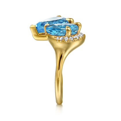 14K Yellow Gold Toi et Moi Diamond and Blue Topaz Ladies Ring