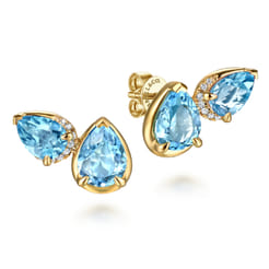 14K Yellow Gold Toi et Moi Diamond and Blue Topaz Stud Earrings