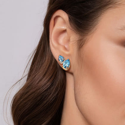 14K Yellow Gold Toi et Moi Diamond and Blue Topaz Stud Earrings
