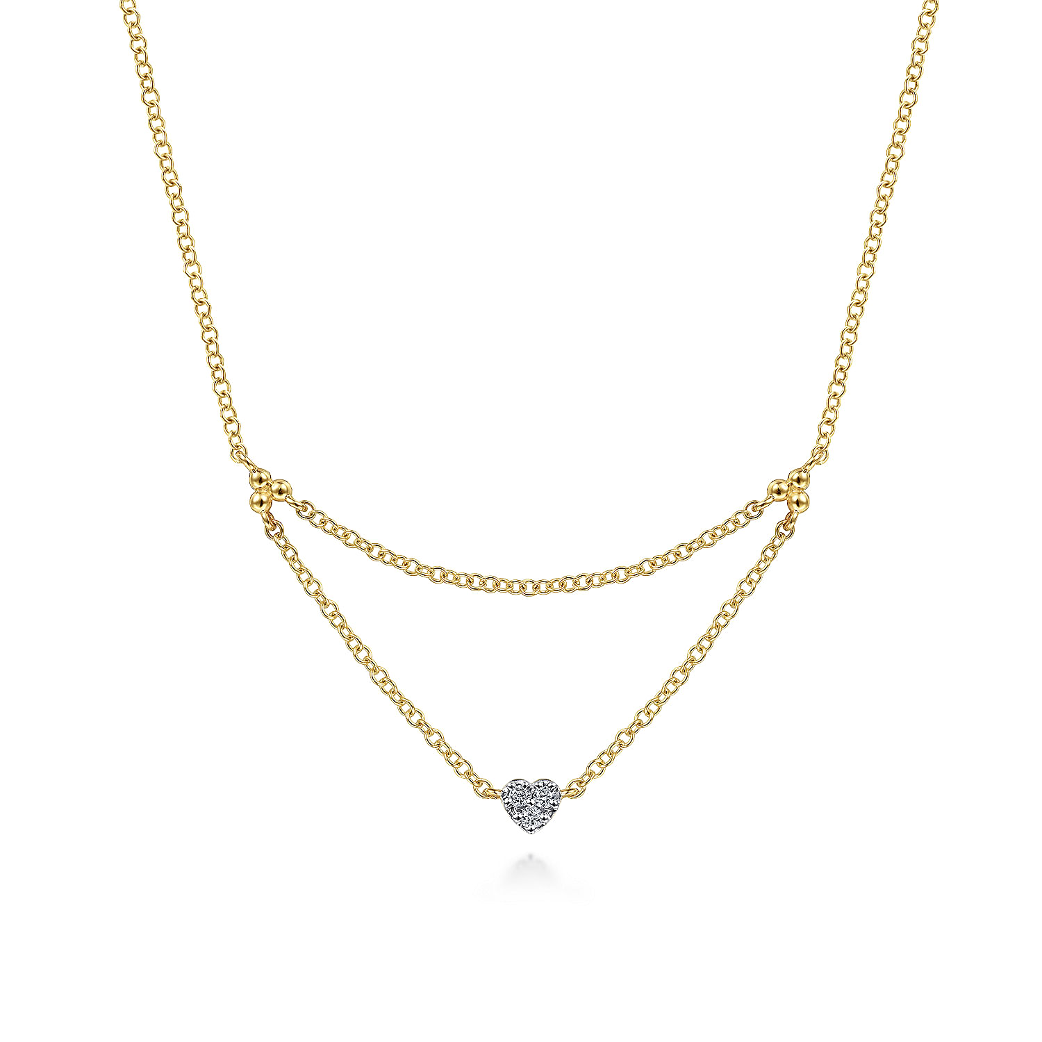 14K Yellow Gold Triangular Chain Necklace with Pave Diamond Heart