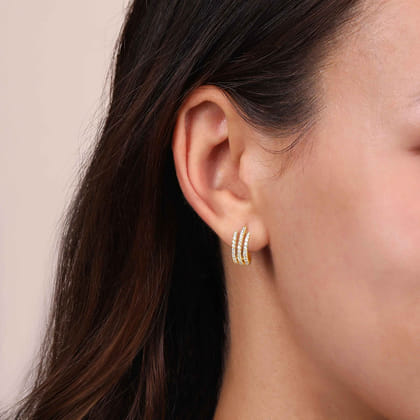 14K Yellow Gold Triple Row Diamond Huggies