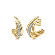 14K Yellow Gold Triple Row Spike Graduating Diamond J Hoop Earrings