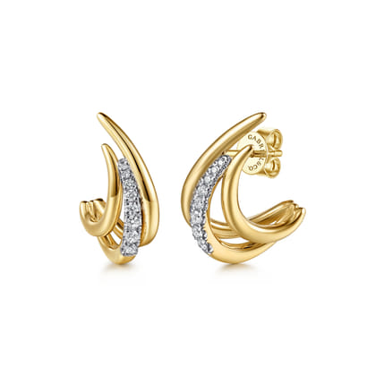 14K Yellow Gold Triple Row Spike Graduating Diamond J Hoop Earrings