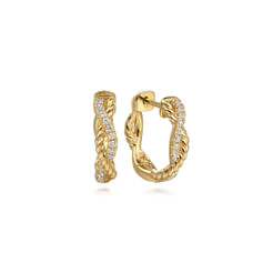 14K Yellow Gold Twisted Diamond And Rope 15mm Huggie Earrings