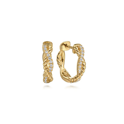 14K Yellow Gold Twisted Diamond And Rope 15mm Huggie Earrings