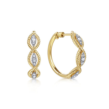 14K Yellow Gold Twisted Layered 20mm Diamond Hoop Earrings