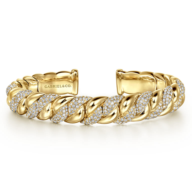14K Yellow Gold Twisted Link Diamond Pave Cuff Bracelet - 2.3 ct - Shot 1