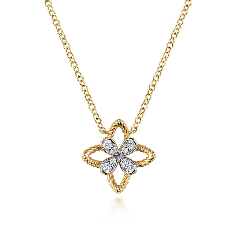 14K Yellow Gold Twisted Rope Clover Pendant Necklace with Diamond Petals - 0.07 ct - Shot 1