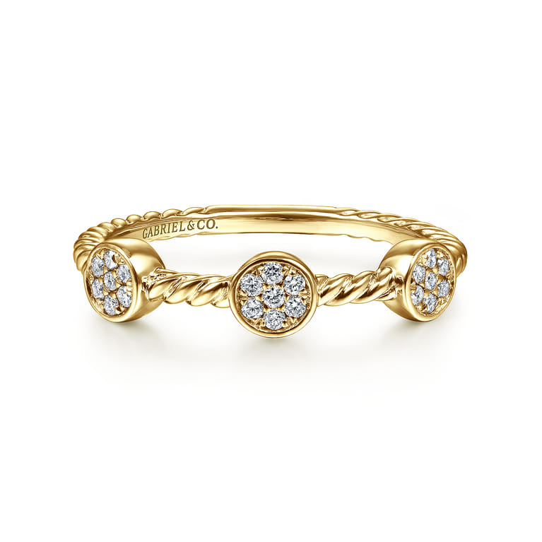 14K Yellow Gold Twisted Rope Cluster Diamond Station Stackable Ring - 0.11 ct - Shot 1