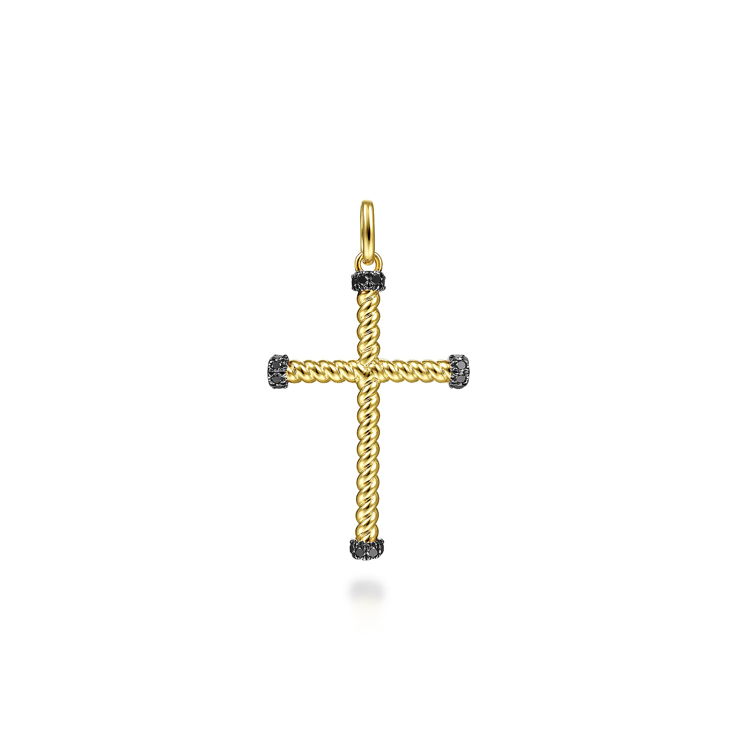14K Yellow Gold Twisted Rope Cross Pendant with Black Diamonds