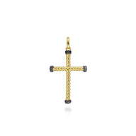 14K Yellow Gold Twisted Rope Cross Pendant with Black Diamonds