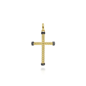 14K Yellow Gold Twisted Rope Cross Pendant with Black Diamonds