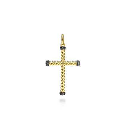 14K Yellow Gold Twisted Rope Cross Pendant with Black Diamonds