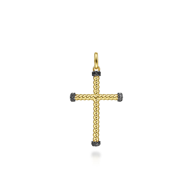 14K Yellow Gold Twisted Rope Cross Pendant with Black Diamonds - 0.16 ct - Shot 1