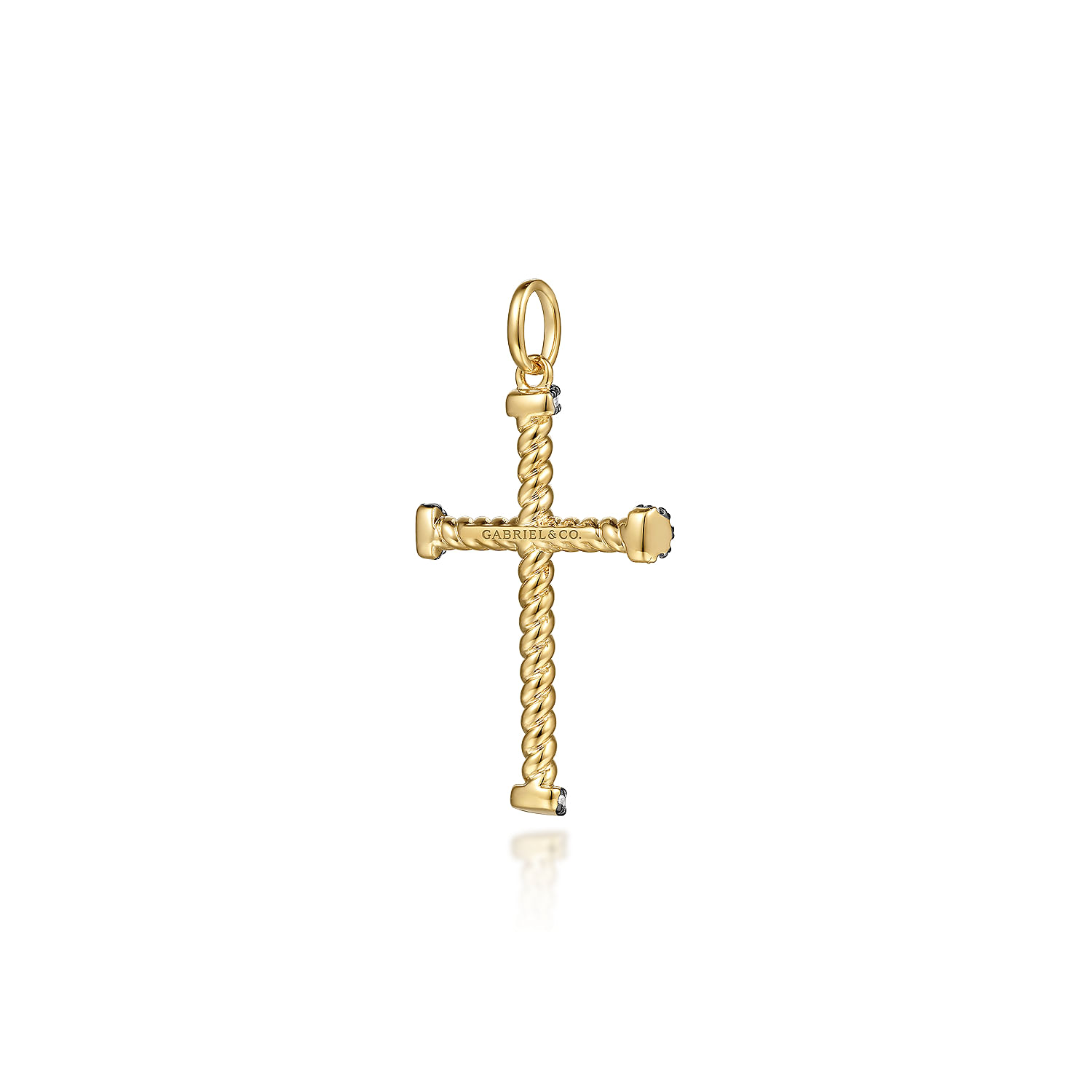 14K Yellow Gold Twisted Rope Cross Pendant with Black Diamonds