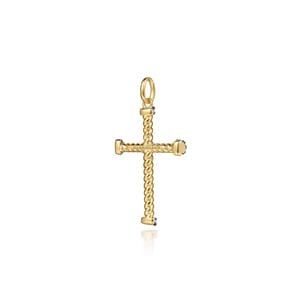 14K Yellow Gold Twisted Rope Cross Pendant with Black Diamonds