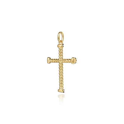 14K Yellow Gold Twisted Rope Cross Pendant with Black Diamonds