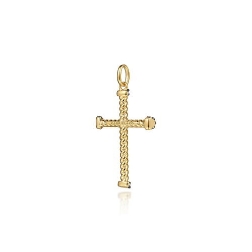 14K Yellow Gold Twisted Rope Cross Pendant with Black Diamonds - 0.16 ct - Shot 2