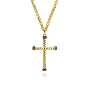 14K Yellow Gold Twisted Rope Cross Pendant with Black Diamonds