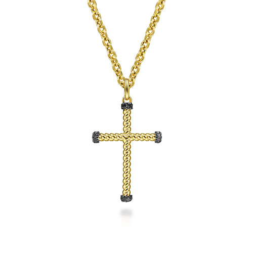 14K Yellow Gold Twisted Rope Cross Pendant with Black Diamonds - 0.16 ct - Shot 3
