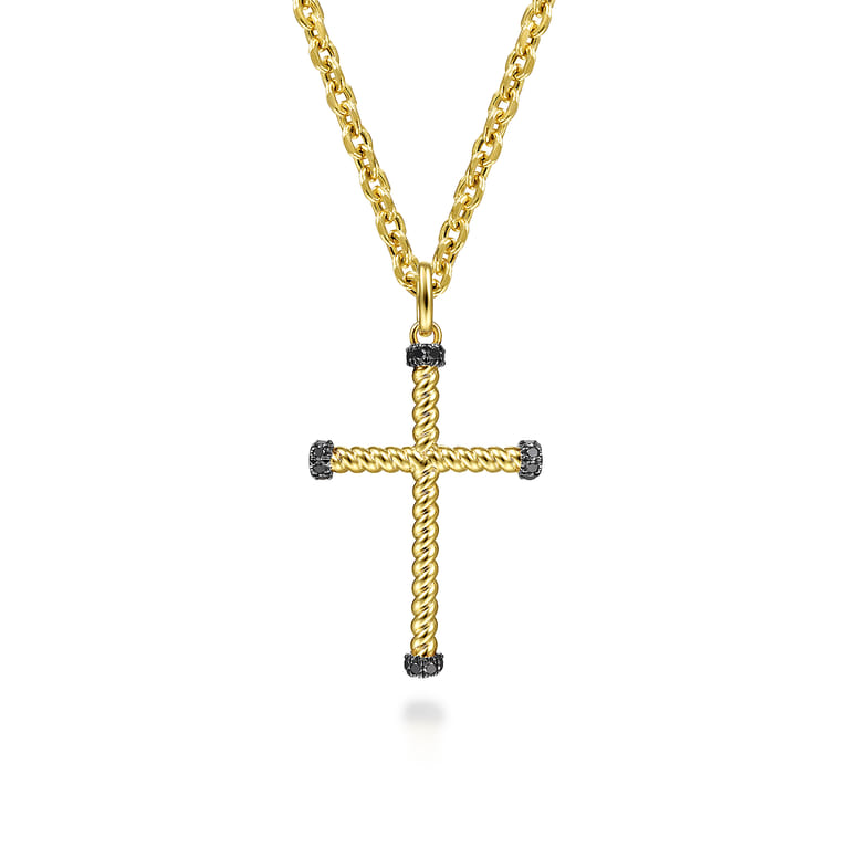 14K Yellow Gold Twisted Rope Cross Pendant with Black Diamonds - 0.16 ct - Shot 3