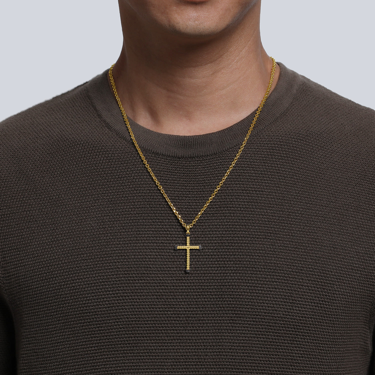 14K Yellow Gold Twisted Rope Cross Pendant with Black Diamonds
