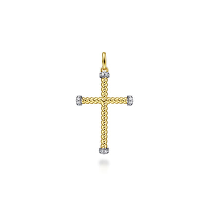 14K Yellow Gold Twisted Rope Cross Pendant with Diamonds