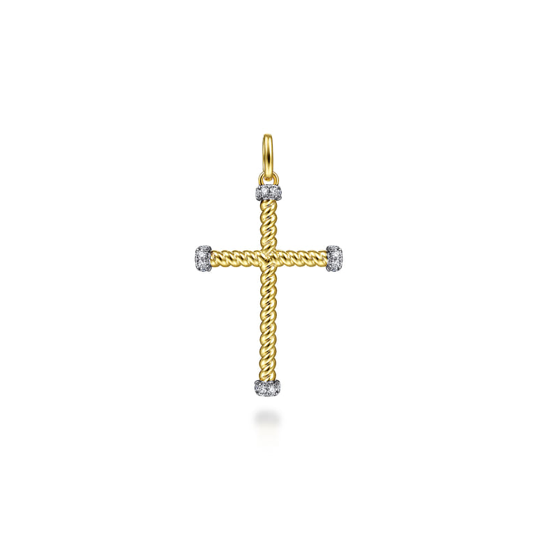 14K Yellow Gold Twisted Rope Cross Pendant with Diamonds - 0.15 ct - Shot 1
