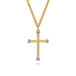 14K Yellow Gold Twisted Rope Cross Pendant with Diamonds