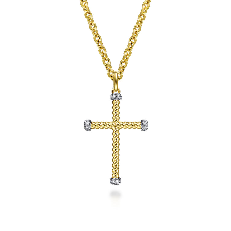14K Yellow Gold Twisted Rope Cross Pendant with Diamonds - 0.15 ct - Shot 3
