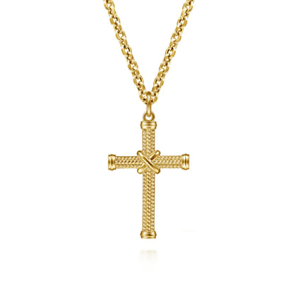 14K Yellow Gold Twisted Rope Cross Pendant with X Center