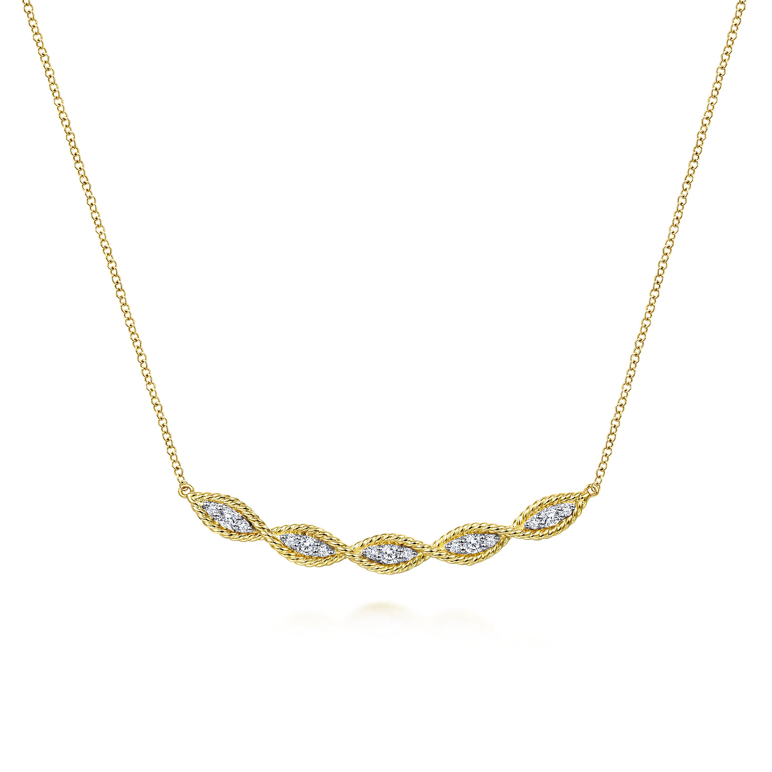 14K Yellow Gold Twisted Rope Curved Diamond Bar Necklace