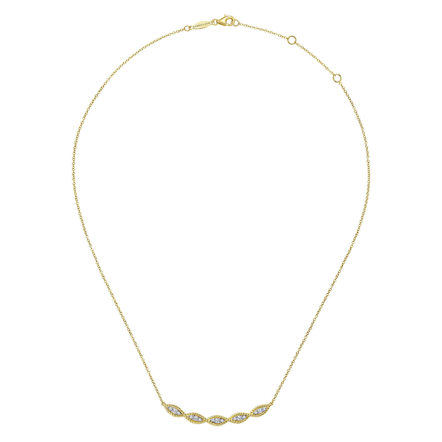 14K Yellow Gold Twisted Rope Curved Diamond Bar Necklace