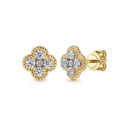 14K Yellow Gold Twisted Rope Diamond Clover Stud Earrings