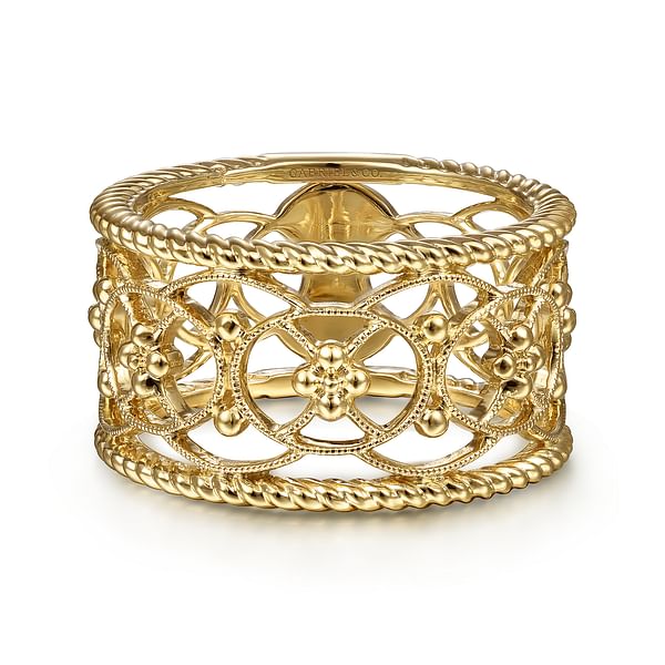 Flower Bead and Rope Design Wide Band Ring Sterling Silver