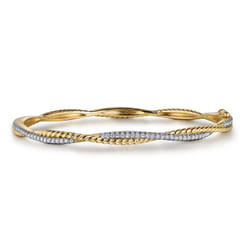 14K Yellow Gold Twisted Rope and Diamond Bangle