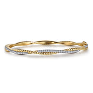 14K Yellow Gold Twisted Rope and Diamond Bangle