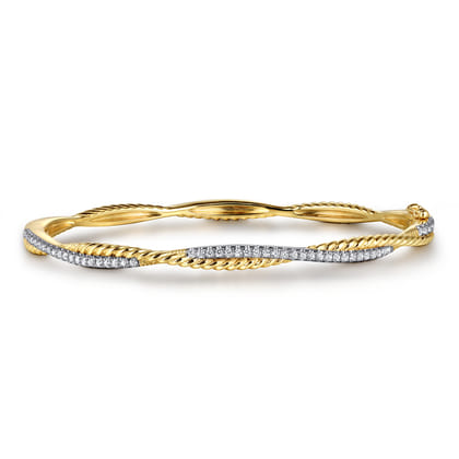 14K Yellow Gold Twisted Rope and Diamond Bangle
