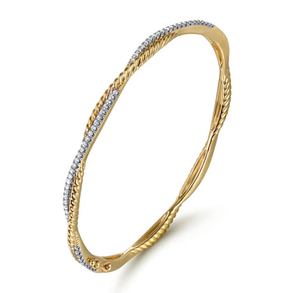 14K Yellow Gold Twisted Rope and Diamond Bangle